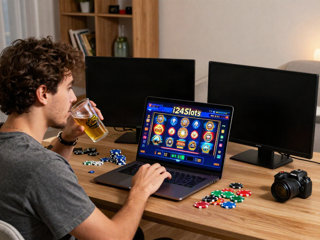 Player enjoying vibrant slots at i24Slots Casino on a laptop in a cozy setup.
