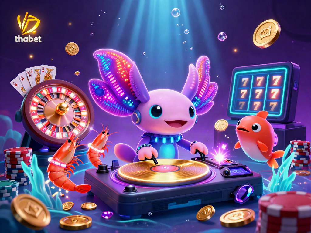 Experience the vibrant thabet casino scene with animated axolotl DJ spinning records among glowing gems and coins.