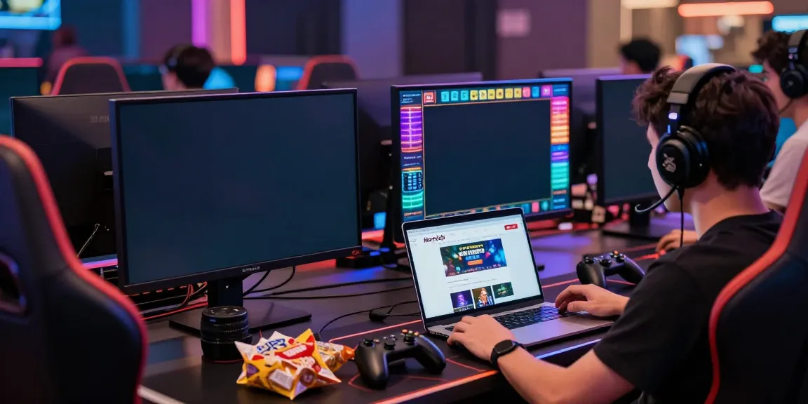 Male gamer at desk with multiple monitors showcasing https://manclub1.jp.net/ and vibrant game interfaces, immersive gaming atmosphere.