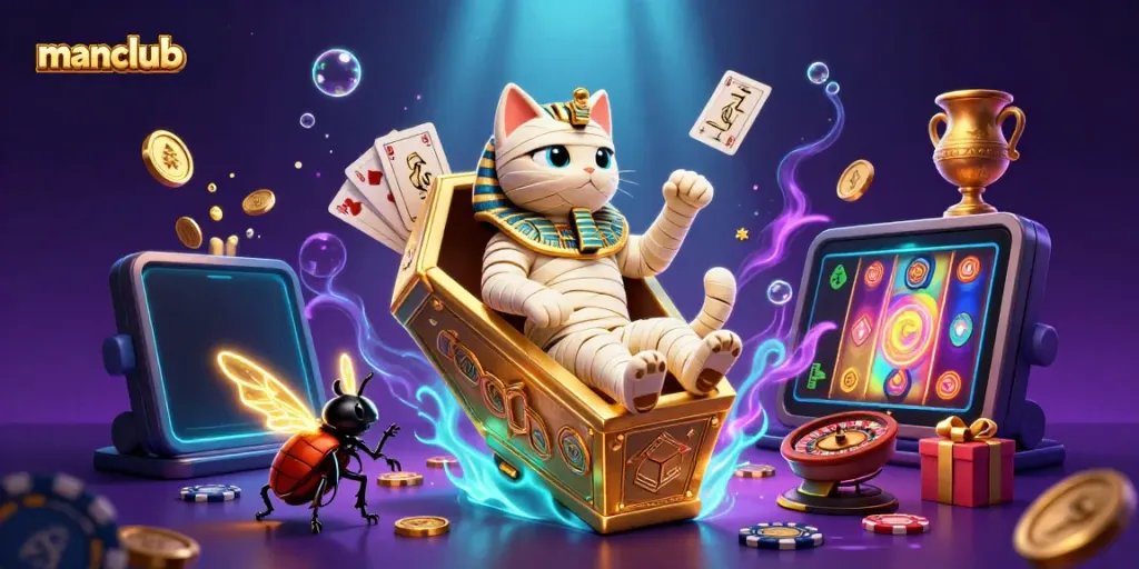 Experience the thrilling manclub adventure in a vibrant casino scene featuring an Egyptian mummy cat and golden treasures.