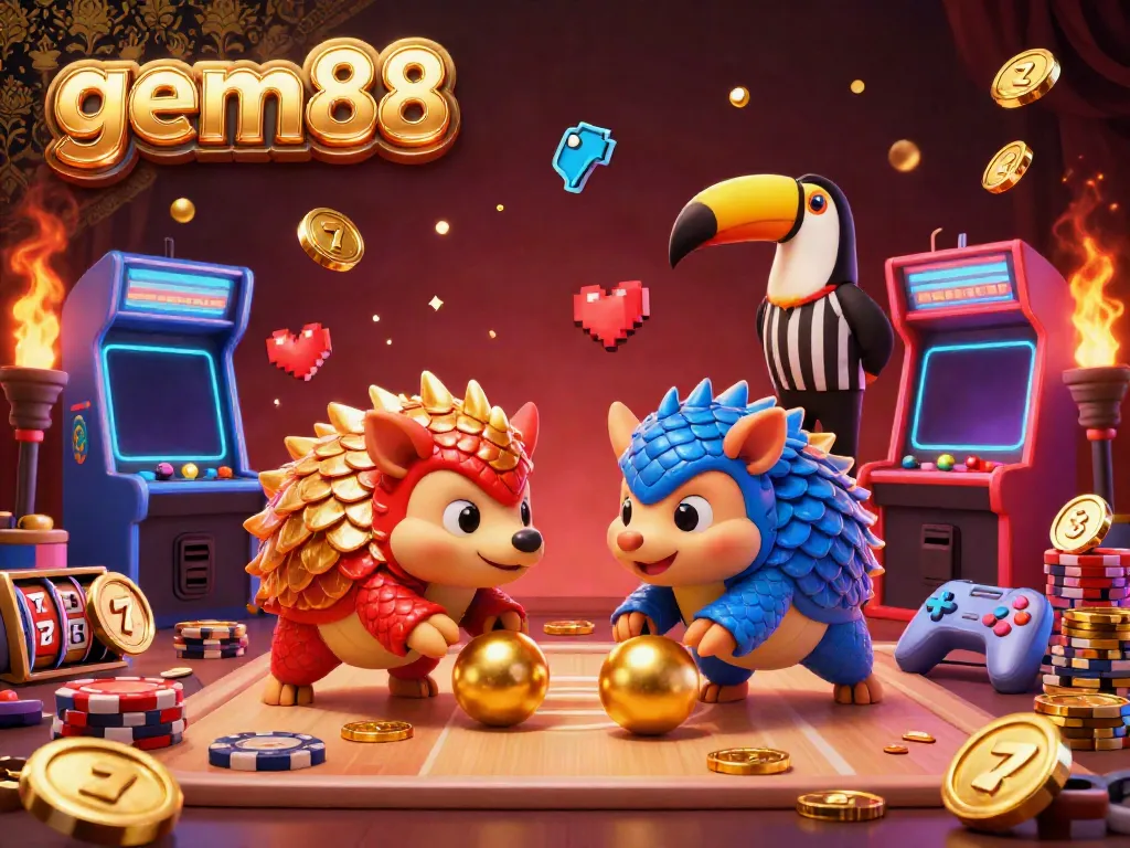 Experience vibrant gameplay at gem88 with dynamic pangolins rolling through poker chips, celebrating casino fun.