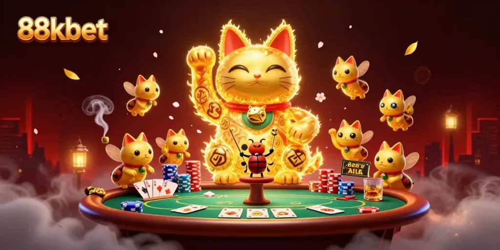 Engage with the vibrant 88kbet lucky cat and casino game elements in this dynamic illustration.