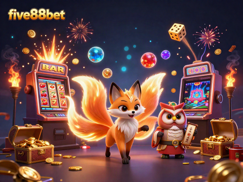 Experience the excitement of five88bet with vibrant characters and a jackpot explosion in this stunning illustration.