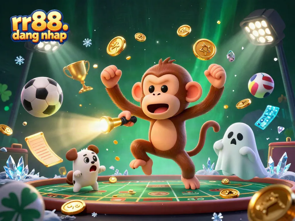 Experience rr88 dang nhap with a whimsical poltergeist monkey and ghost-hunter puppy in an exciting casino scene.