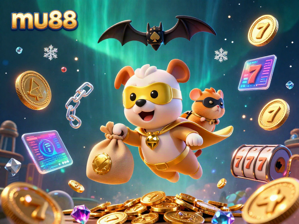 mu88 superhero dog flies over slot reels and golden coins in a vibrant casino scene.