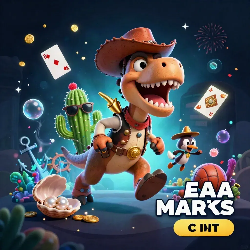 Cowboy T-Rex, cactus sidekick, and roadrunner amid treasure cove casino effects.