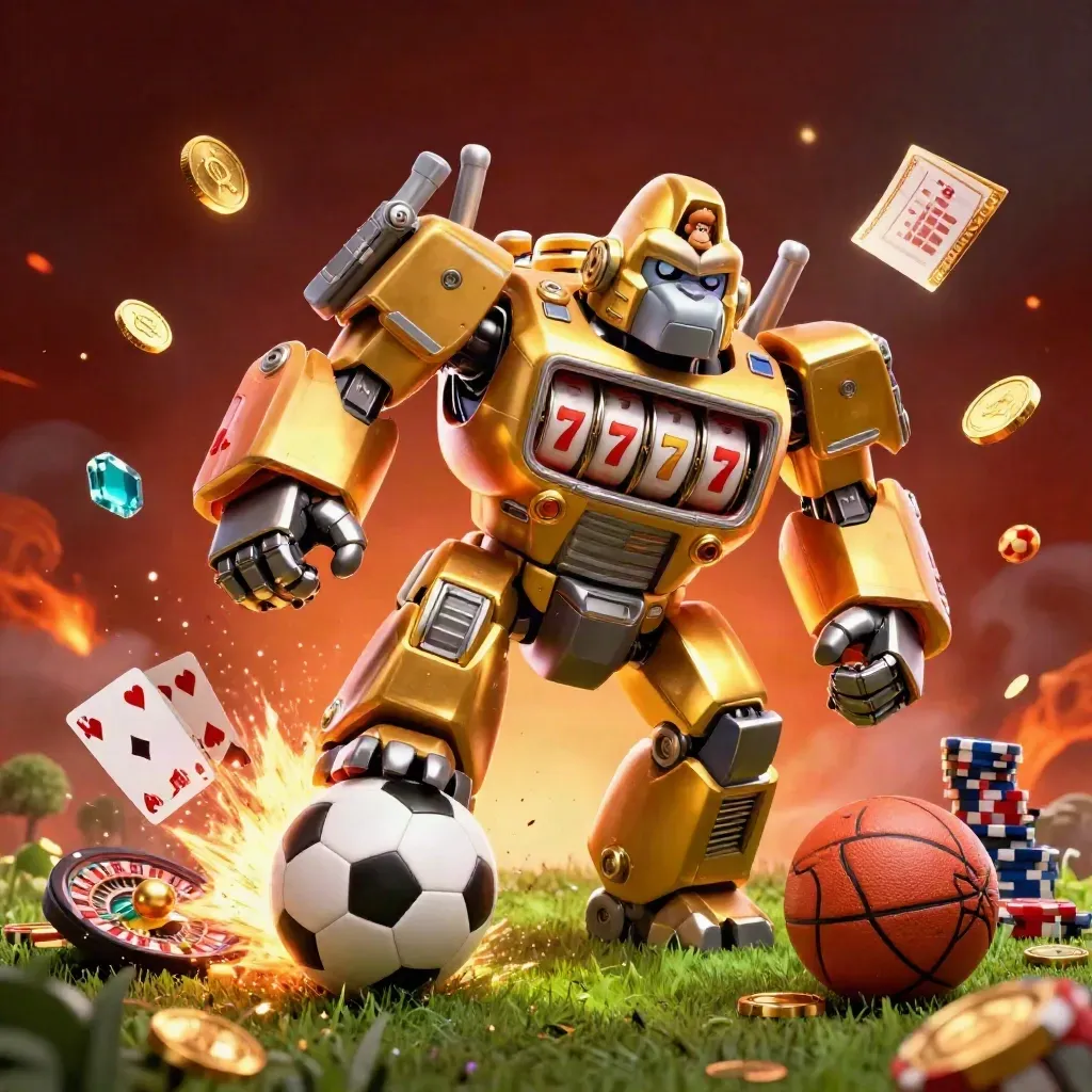 Golden gorilla mech explodes through turf with coins, cards, chips, and glowing casino effects.