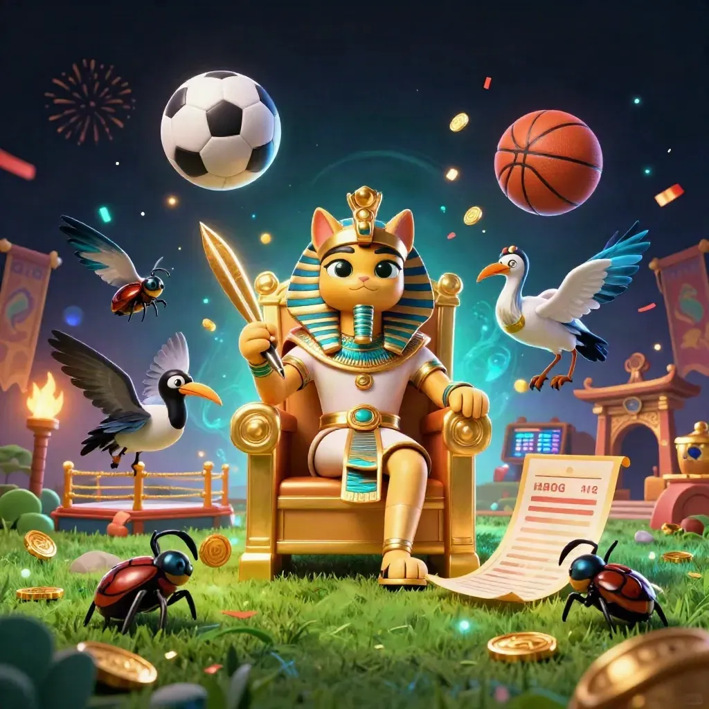 Pharaoh cat, ibis scribe, and gem-wing scarabs beside flying soccer ball and basketball in a neon casino scene