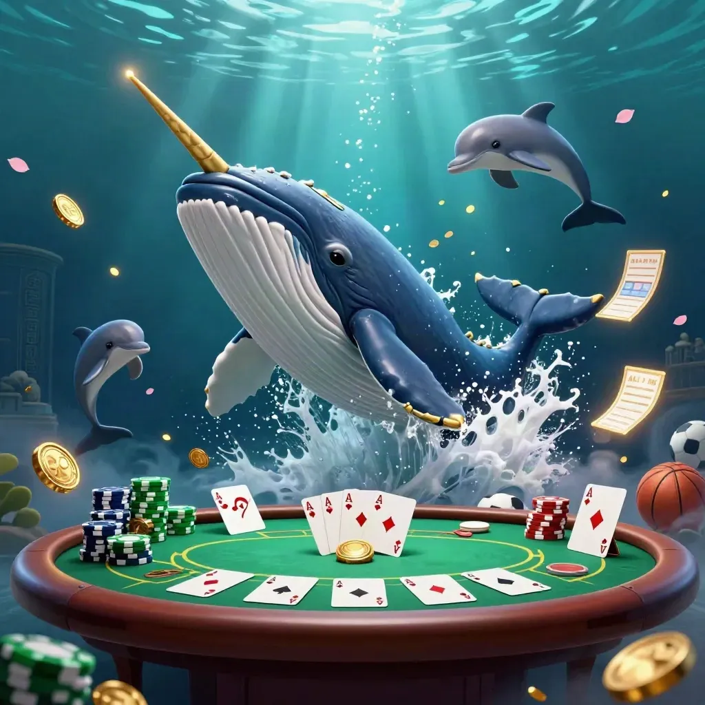 Whale captain, narwhal and dolphins burst through coins with casino chips, cards and balls underwater.