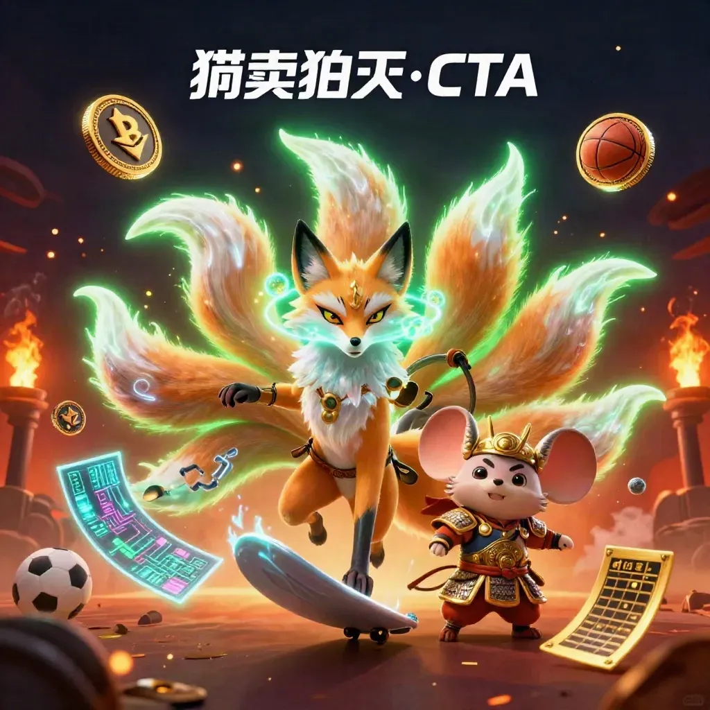 Nine-tailed fox spirit and samurai mouse amid neon coins, sports icons, embers, and lightning
