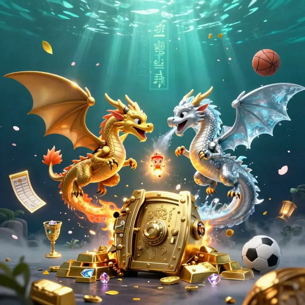 Twin gold and silver dragons spiral with fire and ice over treasure and casino loot.