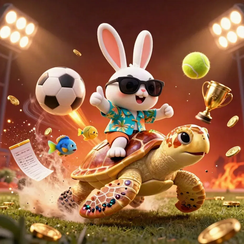 Lucky rabbit on a jeweled sea turtle with flying balls, coins, and blazing stadium lights.