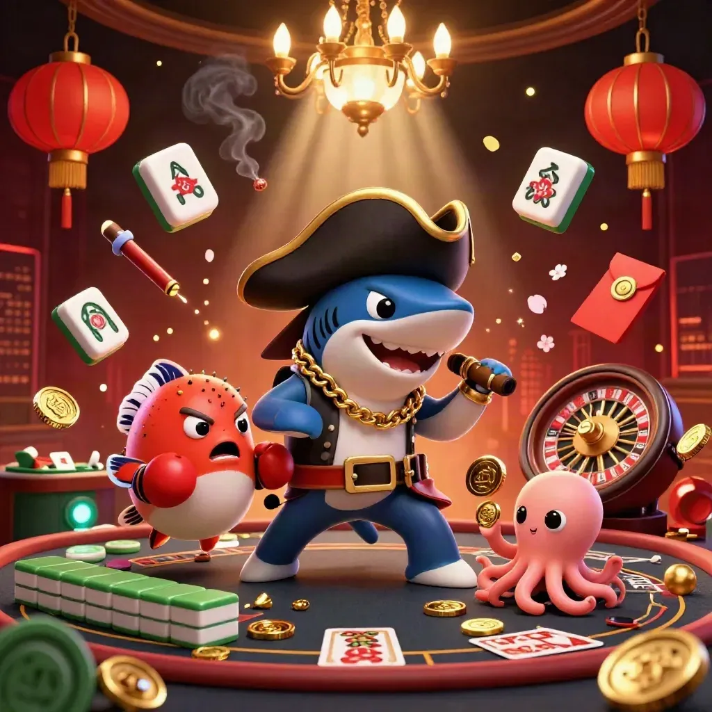 Pirate shark, boxing pufferfish, and coin-juggling octopus in a luxe casino blaze of gold and jade.