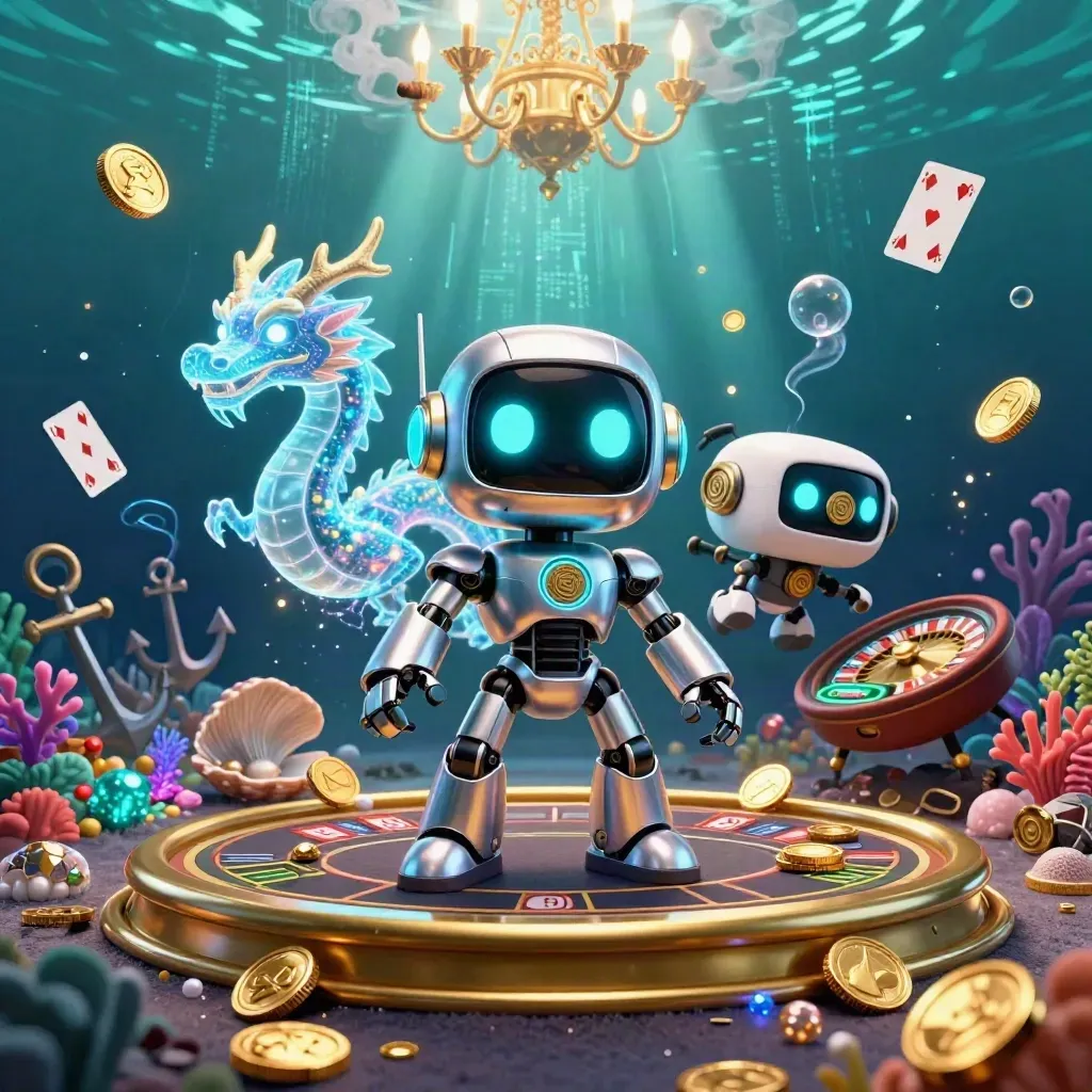 Robot, holographic dragon and drone amid underwater casino treasure, roulette wheel and glowing dealer button