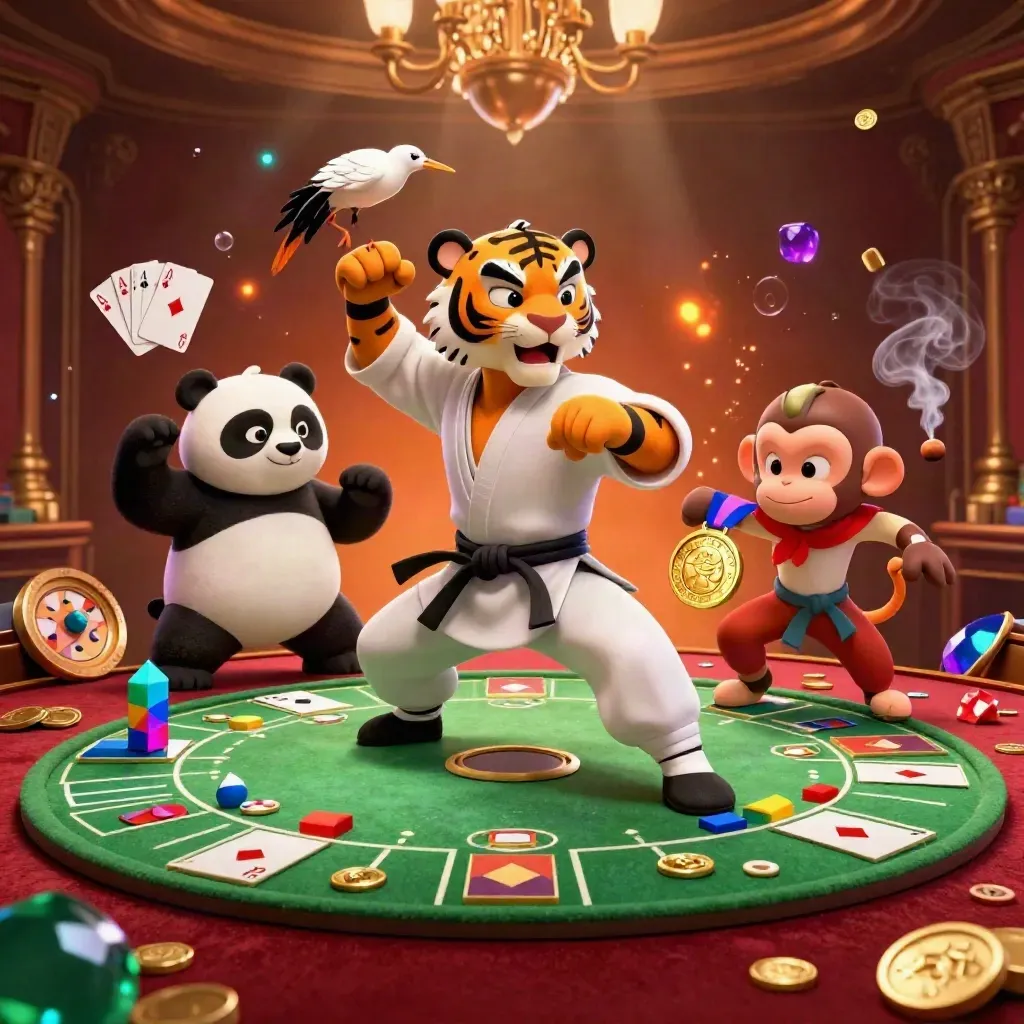 Kung-fu tiger, panda, and monkey in a luxe casino scene with glowing cards, chips, and roulette