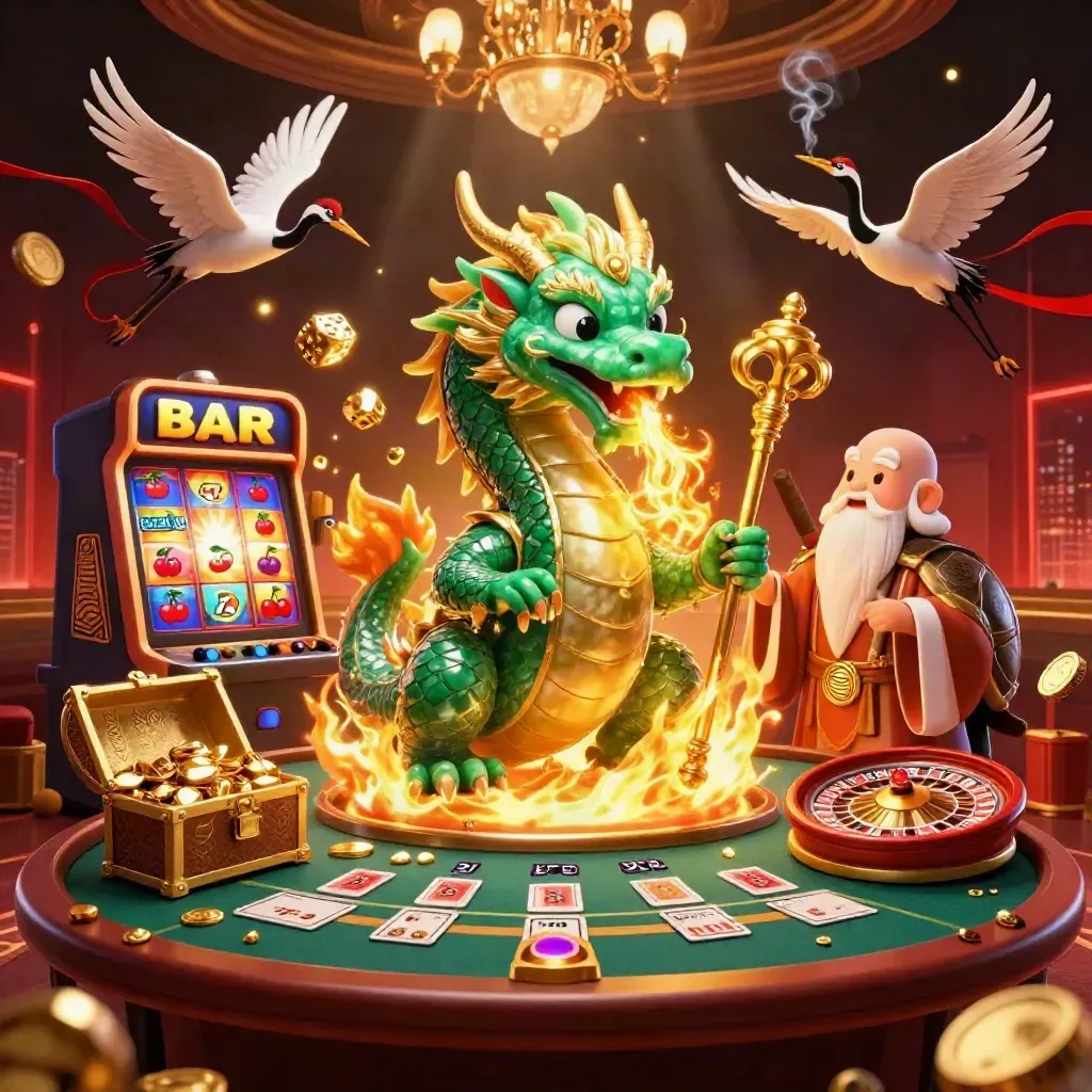 Jade dragon, turtle sage and cranes in a luxurious casino burst of gold and lights