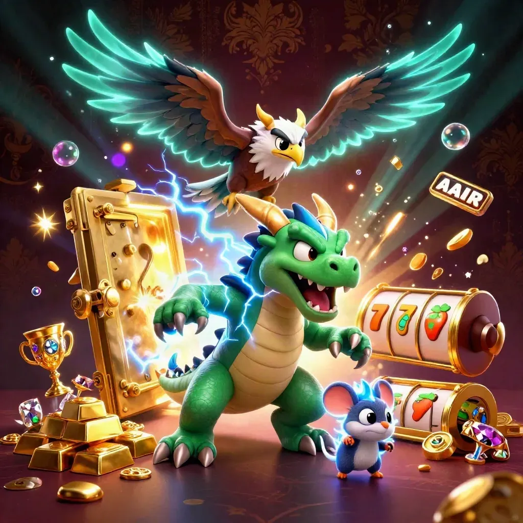 Thunder dragon, glowing hawk, and static mouse bursting from a golden vault amid gems and gold
