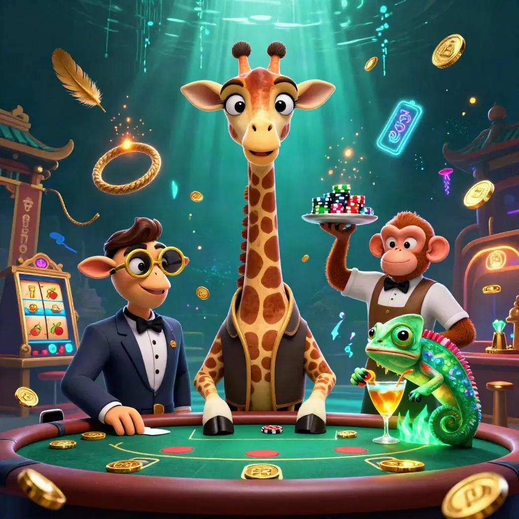 Giraffe, monkey valet, and chameleon bartender at a VIP poker table in neon green casino fantasy.