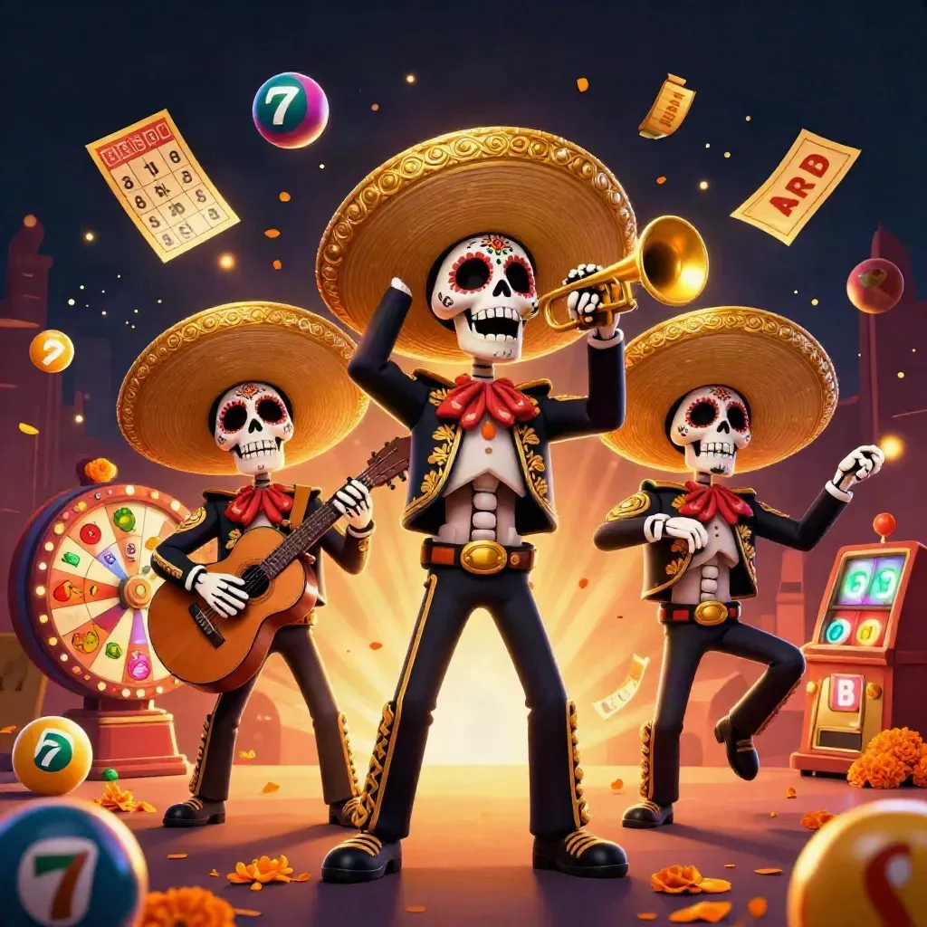 Day-of-the-Dead mariachi skeleton trio amid lottery balls, bingo, prize wheel, and green casino glow
