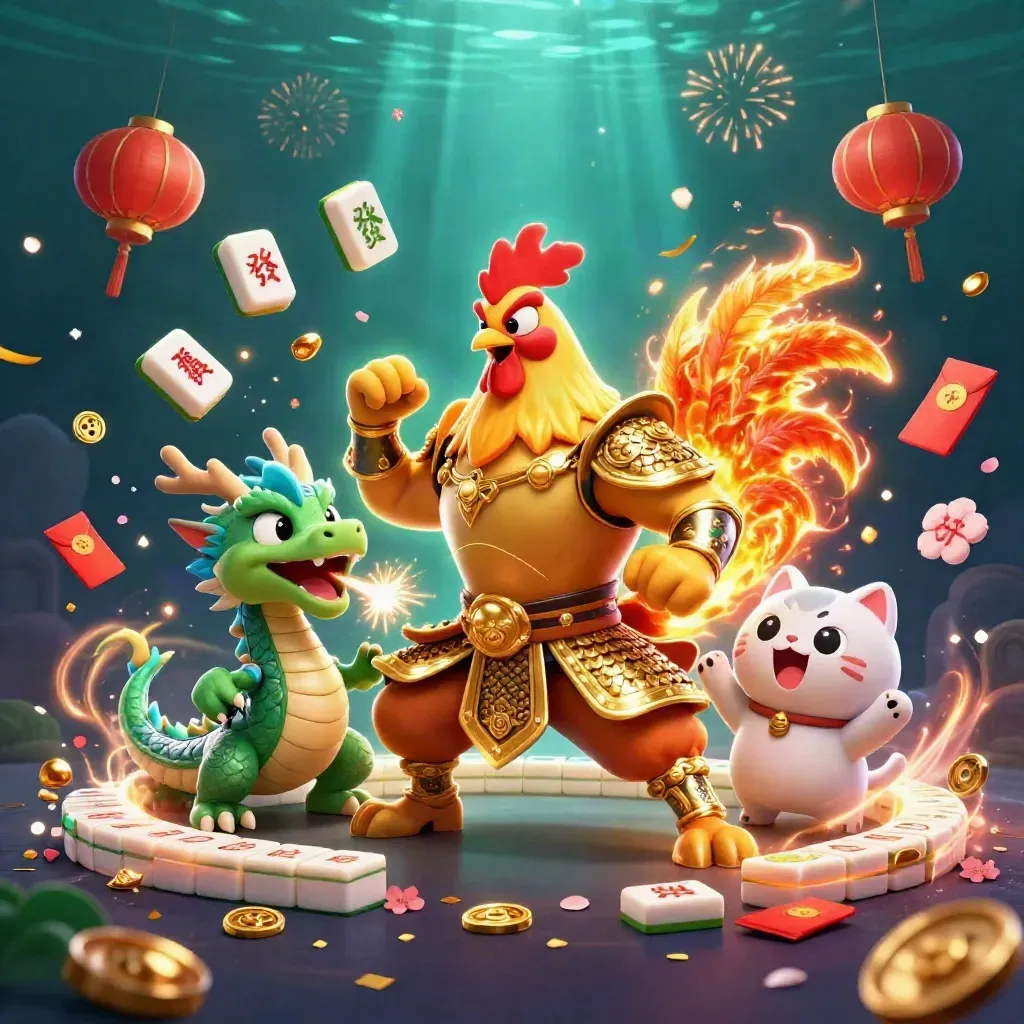 Rooster warrior, dragon hatchling and fortune cat amid gold treasure, lanterns and green sparks.