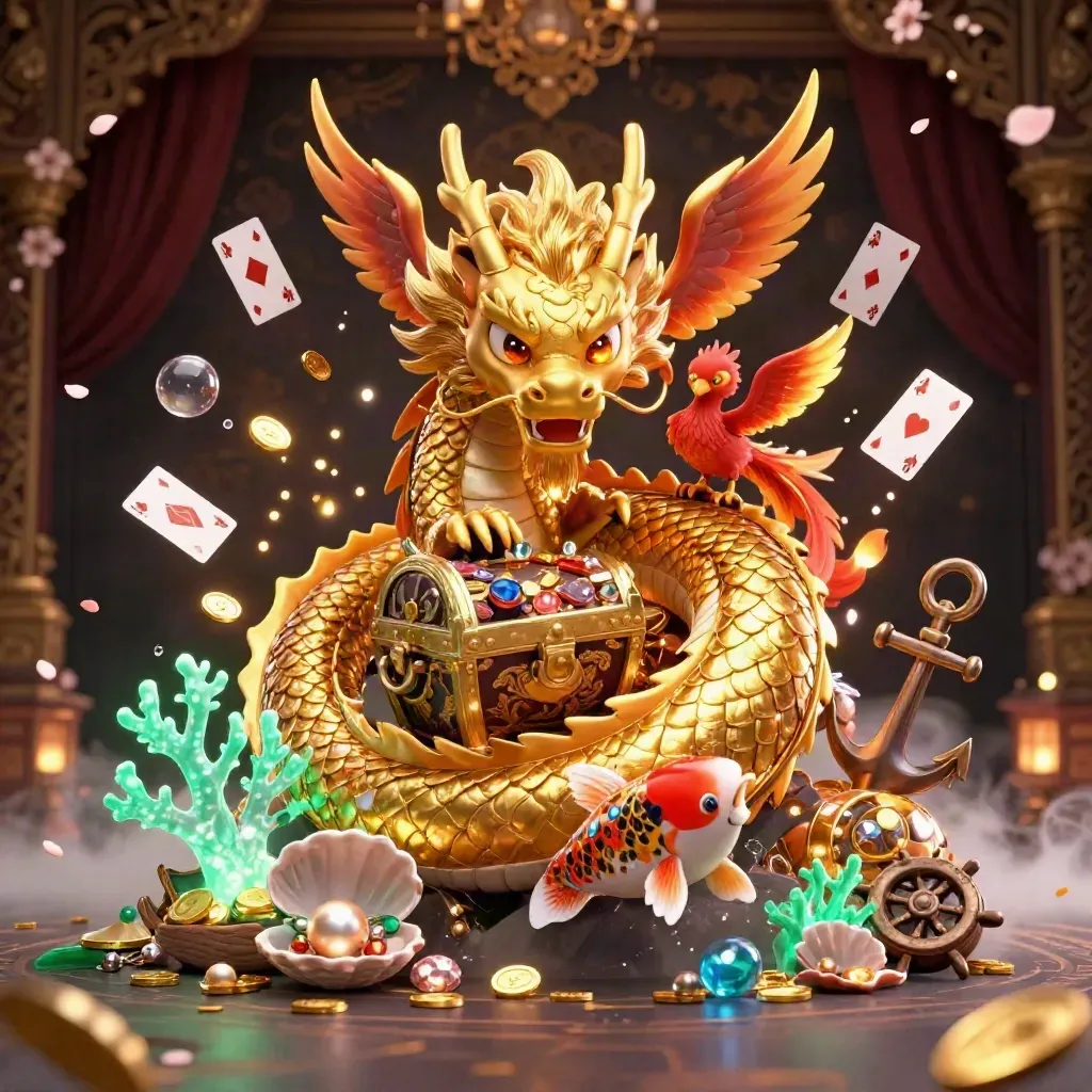 Golden dragon with phoenix and koi amid treasure, coral, coins, and ornate dark casino glow.