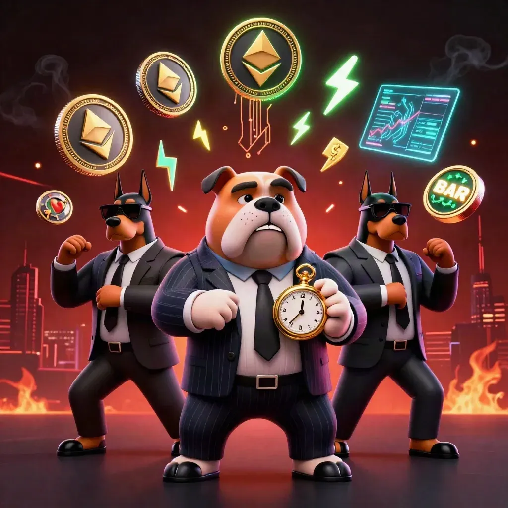 Bulldog boss with two Dobermans amid neon casino coins, reels, embers, and red skyline lights.