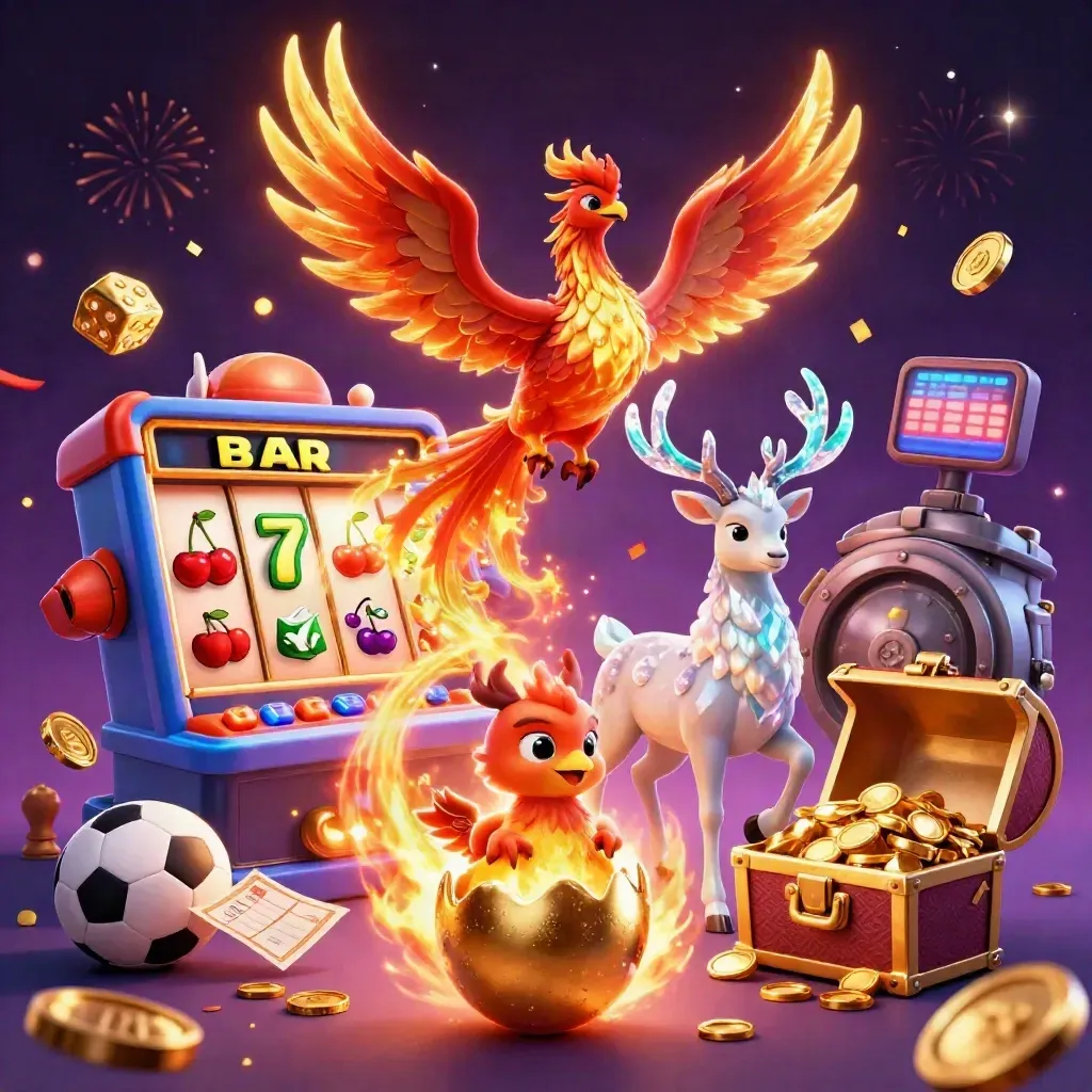 Phoenixes and a stag erupt from gold with slot symbols, dice, and sports props in a neon casino burst.