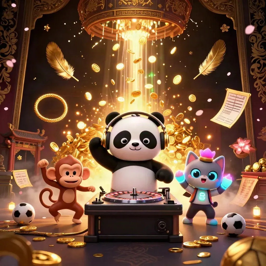 DJ panda, breakdancing monkey, and glow-stick kitten amid bursting gold coins and fireworks