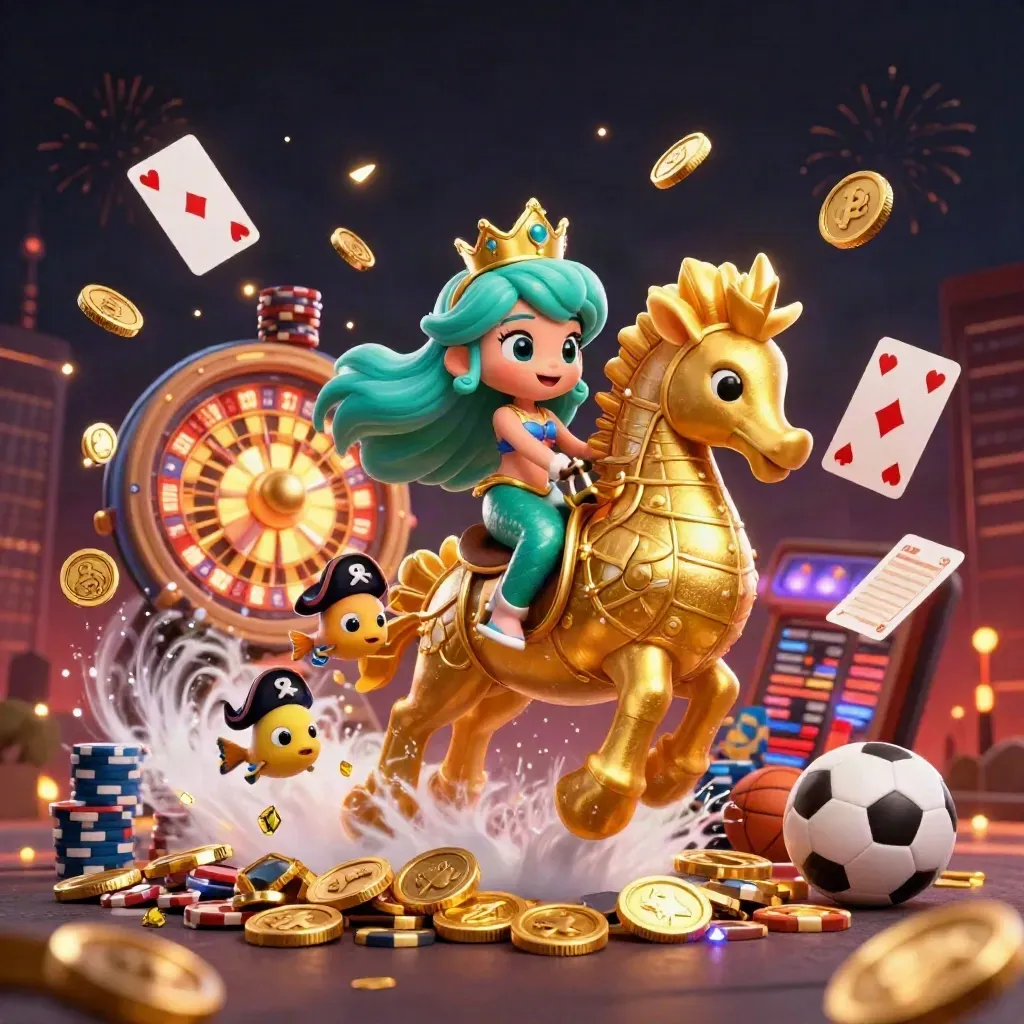 Mermaid princess on an armored seahorse amid coins, chips, cards, fireworks, and casino props in a dark neon scene.