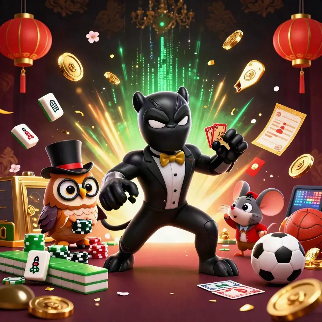 Panther, owl, and mouse amid exploding coins, lanterns, fireworks, and casino jackpots.