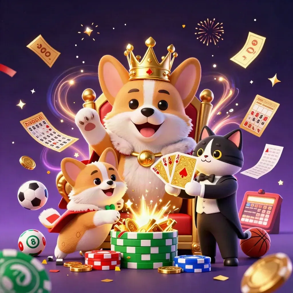 Royal corgi and cat butler amid coins, lottery balls, fireworks, and casino rewards