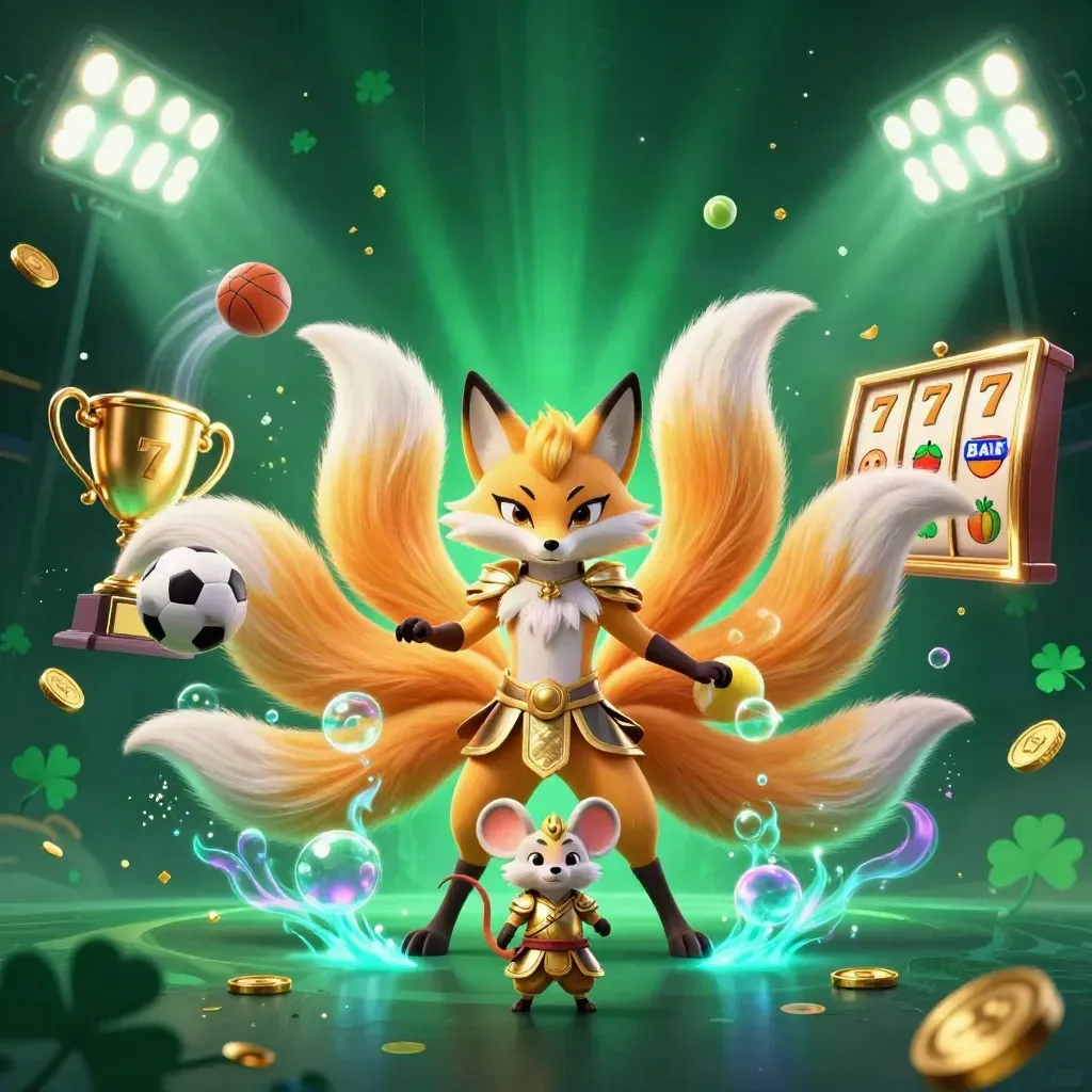 Neon nine-tailed fox spirit and armored mouse amid casino sports icons and gold