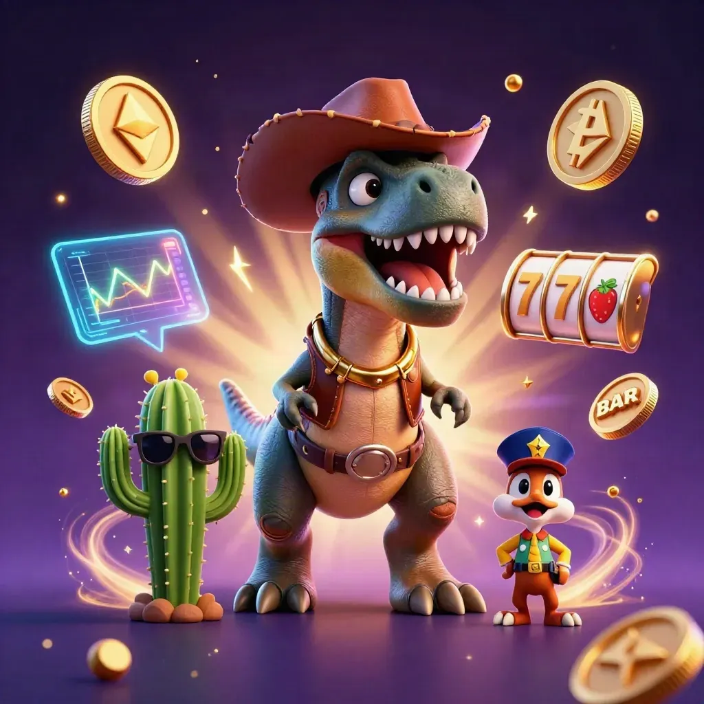 Cowboy T-Rex with cactus and roadrunner amid casino coins and neon effects