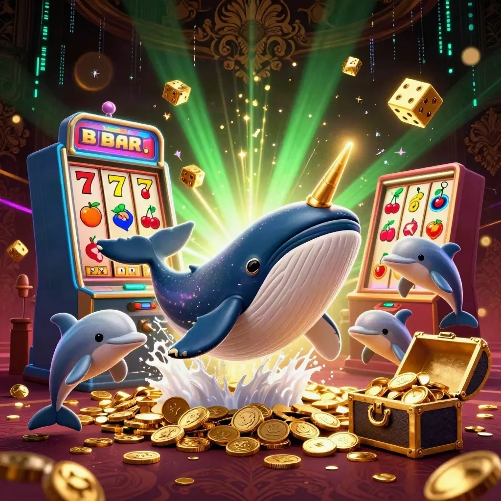 Whale captain, narwhal, and dolphins amid casino gold, slots, dice, and neon effects