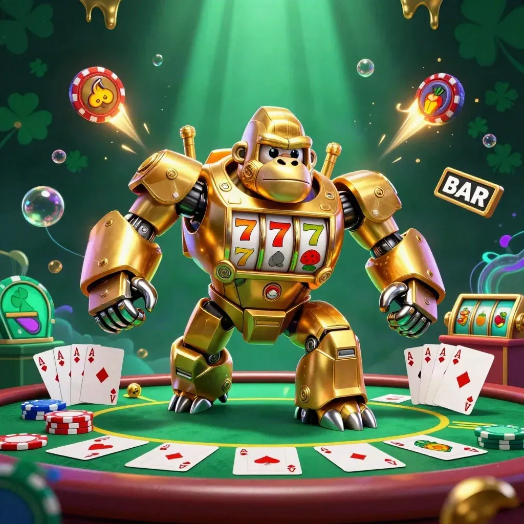 Golden slot-gorilla mech with monkey pilot, chips, aces, reels, and casino glow.