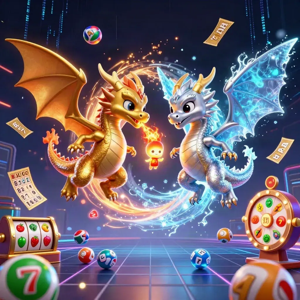 Gold and silver dragons yin-yang with lantern spirit, casino symbols, neon grid background