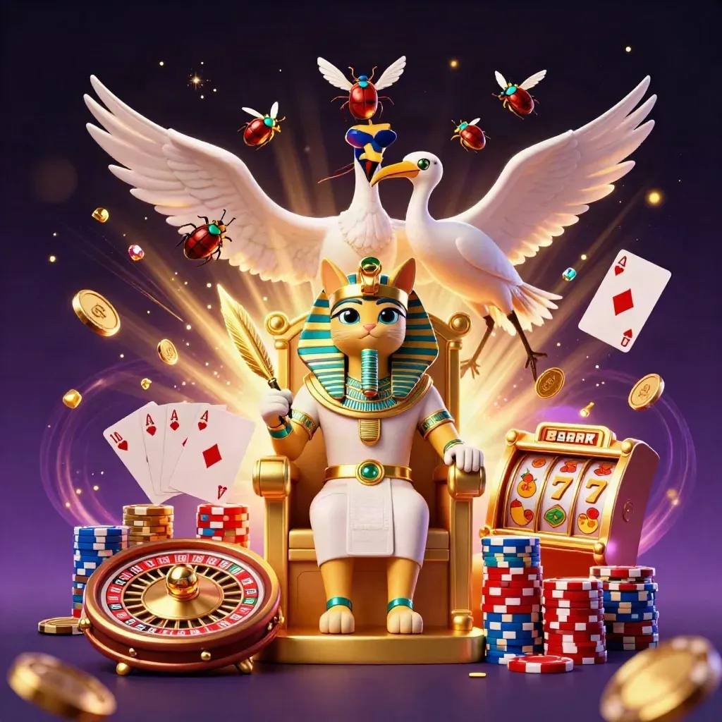 Pharaoh cat on a throne with an ibis scribe and gem-winged scarabs amid casino treasures