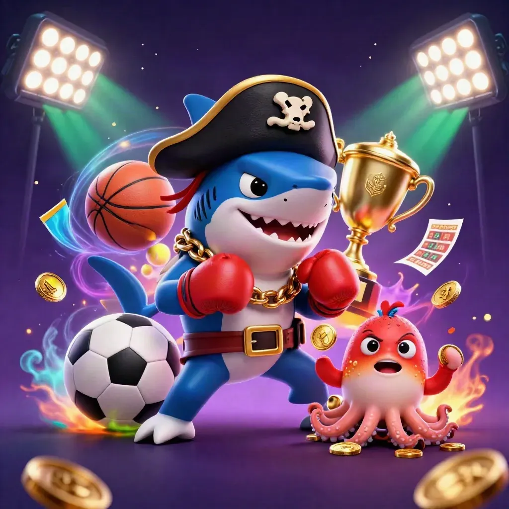 Pirate shark, boxing pufferfish, and coin-juggling octopus amid sports balls and gold glow.
