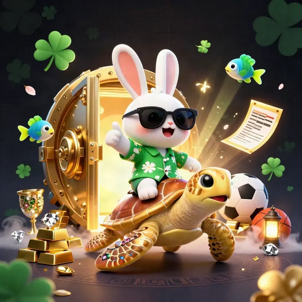 Lucky rabbit rides a golden sea turtle amid vault gold, gems, fish, and casino sparkle