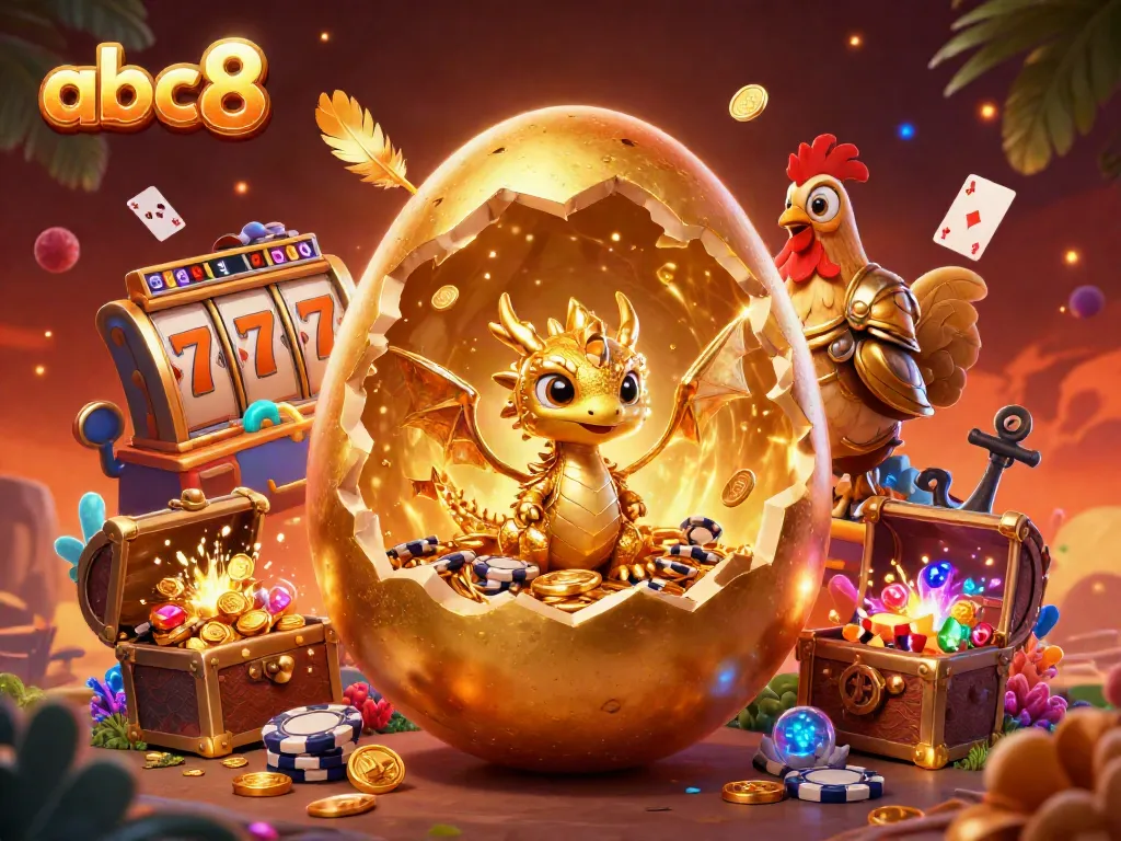 Experience the excitement of abc8 with a golden dragon emerging from a poker chip nest amidst dynamic slot reels.