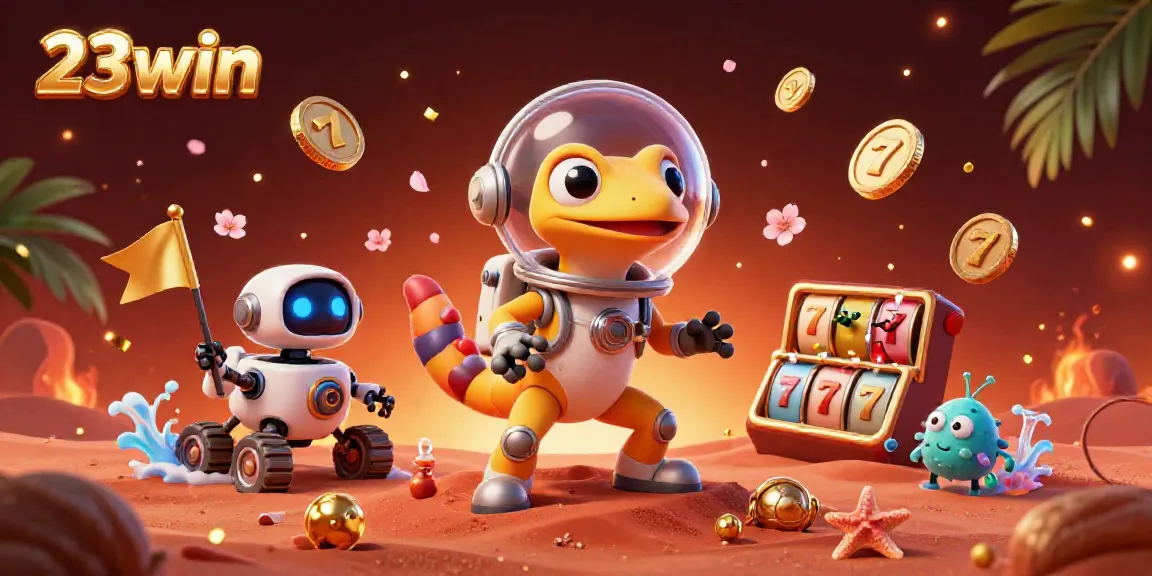 Engage in the vibrant world of 23win, filled with golden casinos and animated characters.