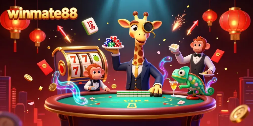 Experience the excitement at winmate88 with a vibrant casino scene showcasing high-stakes play and colorful game elements.