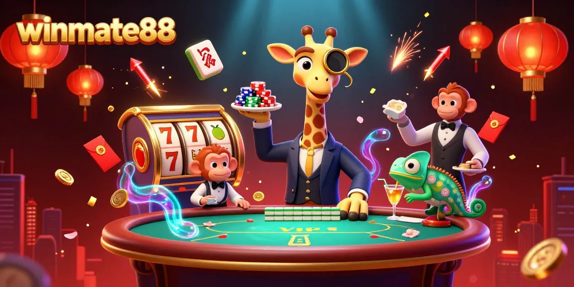 Experience the excitement at winmate88 with a vibrant casino scene showcasing high-stakes play and colorful game elements.
