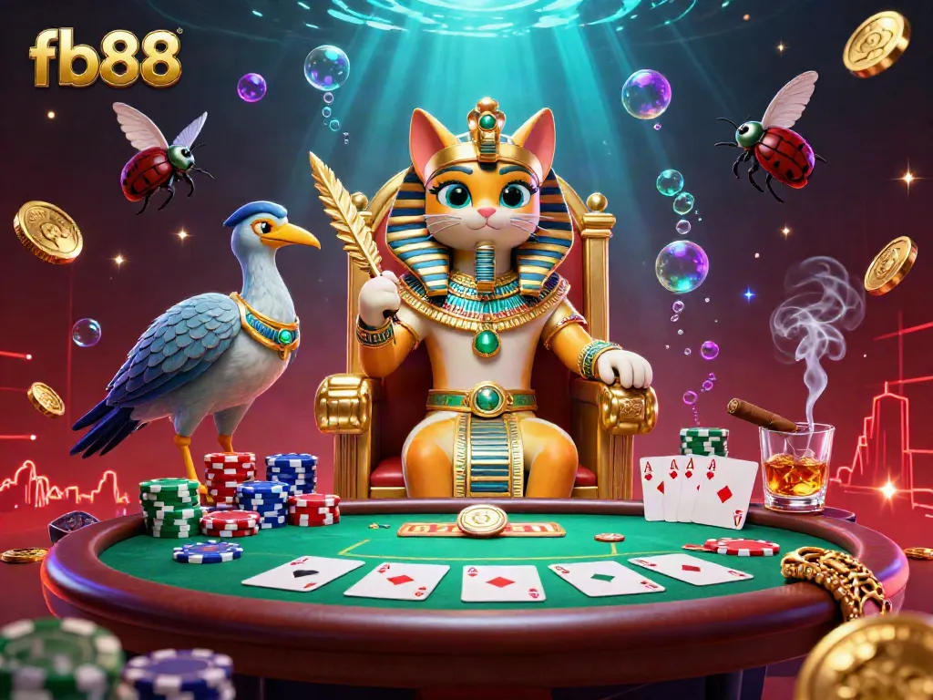 Experience thrilling poker moments with fb88's cartoon Egyptian pharaoh cat and vibrant casino elements.
