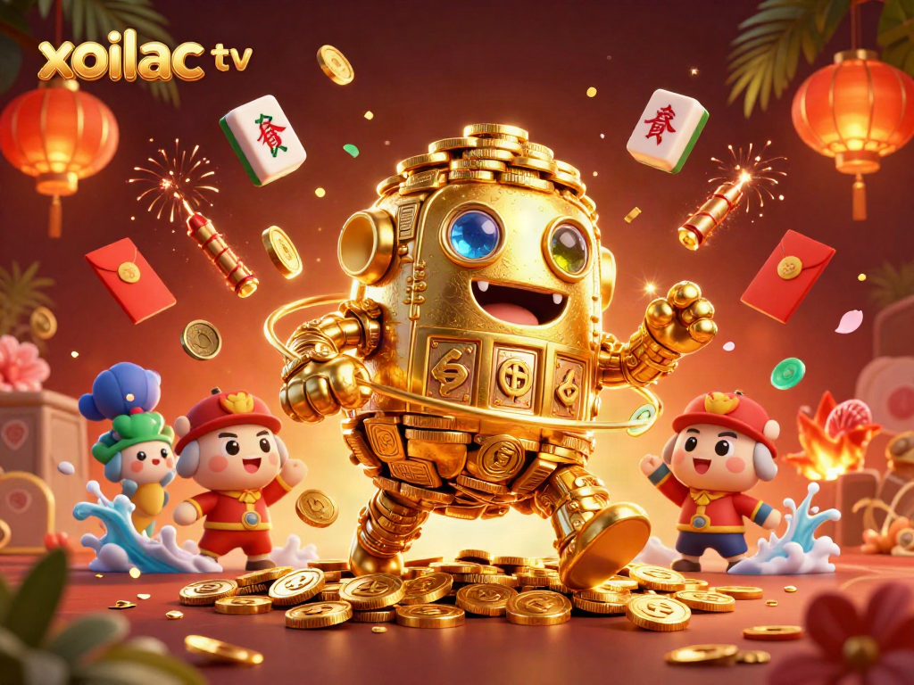 Experience the excitement of xoilac tv with a dynamic scene of golden golems and fireworks.