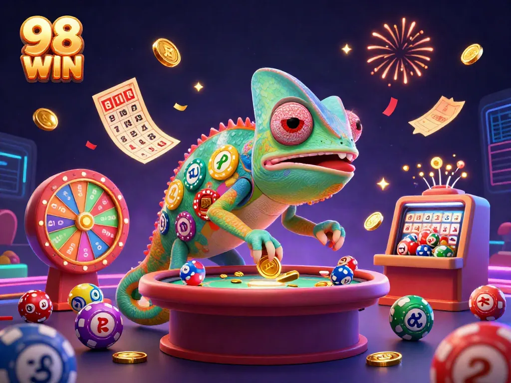 Engage with vibrant 98 WIN themes in this ultra-detailed casino scene featuring a chameleon owner.