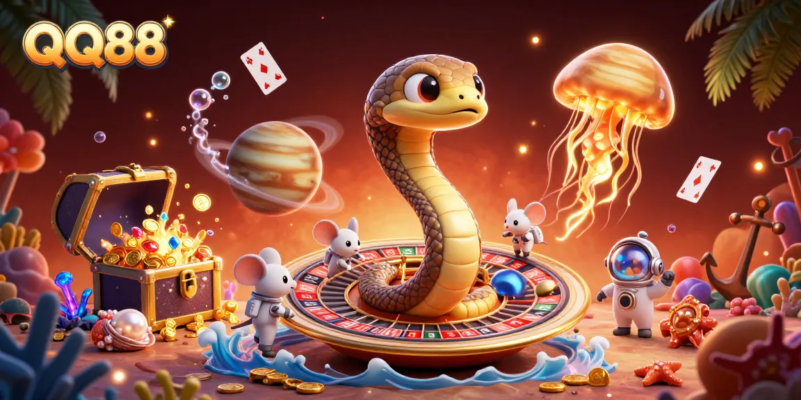 Engage with QQ88 as tiny astronaut mice bet on a cosmic roulette wheel while a golden jellyfish dealer floats by.