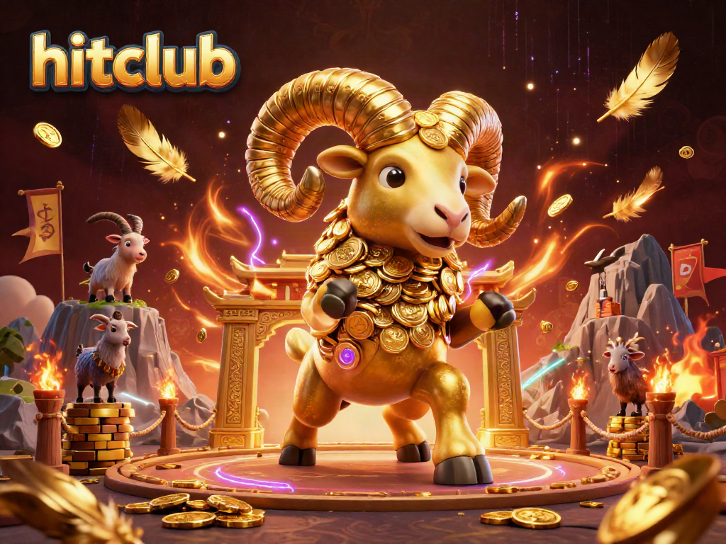 Hitclub's exciting gaming scene features a golden ram charging towards fortune amidst swirling feathers and golden coins.