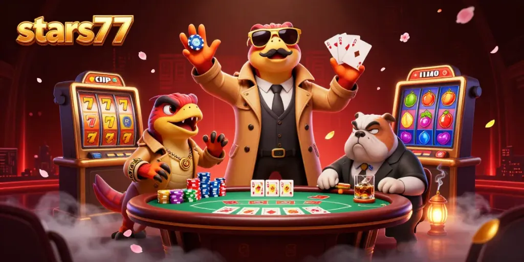 Raptors lucu berusaha masuk kasino VIP sambil membawa simbol slot stars77 dan elemen poker lainnya.