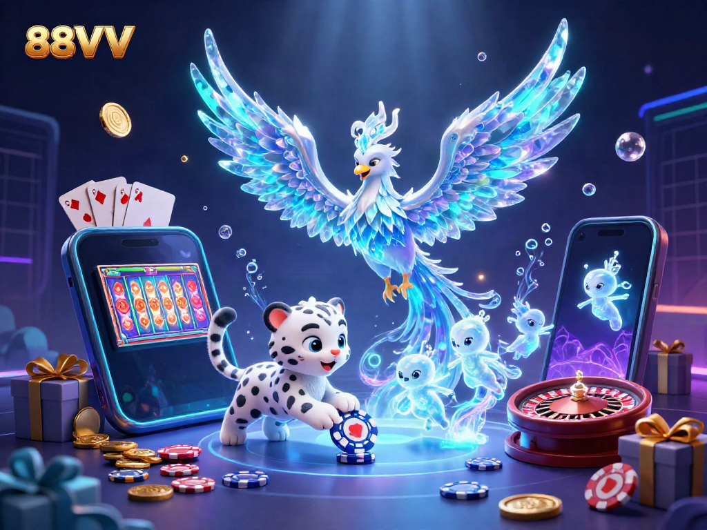 Experience the magic of 88VV with an enchanting illustration of a phoenix, snow leopard cub, and ice sprites in a vibrant casino setting.
